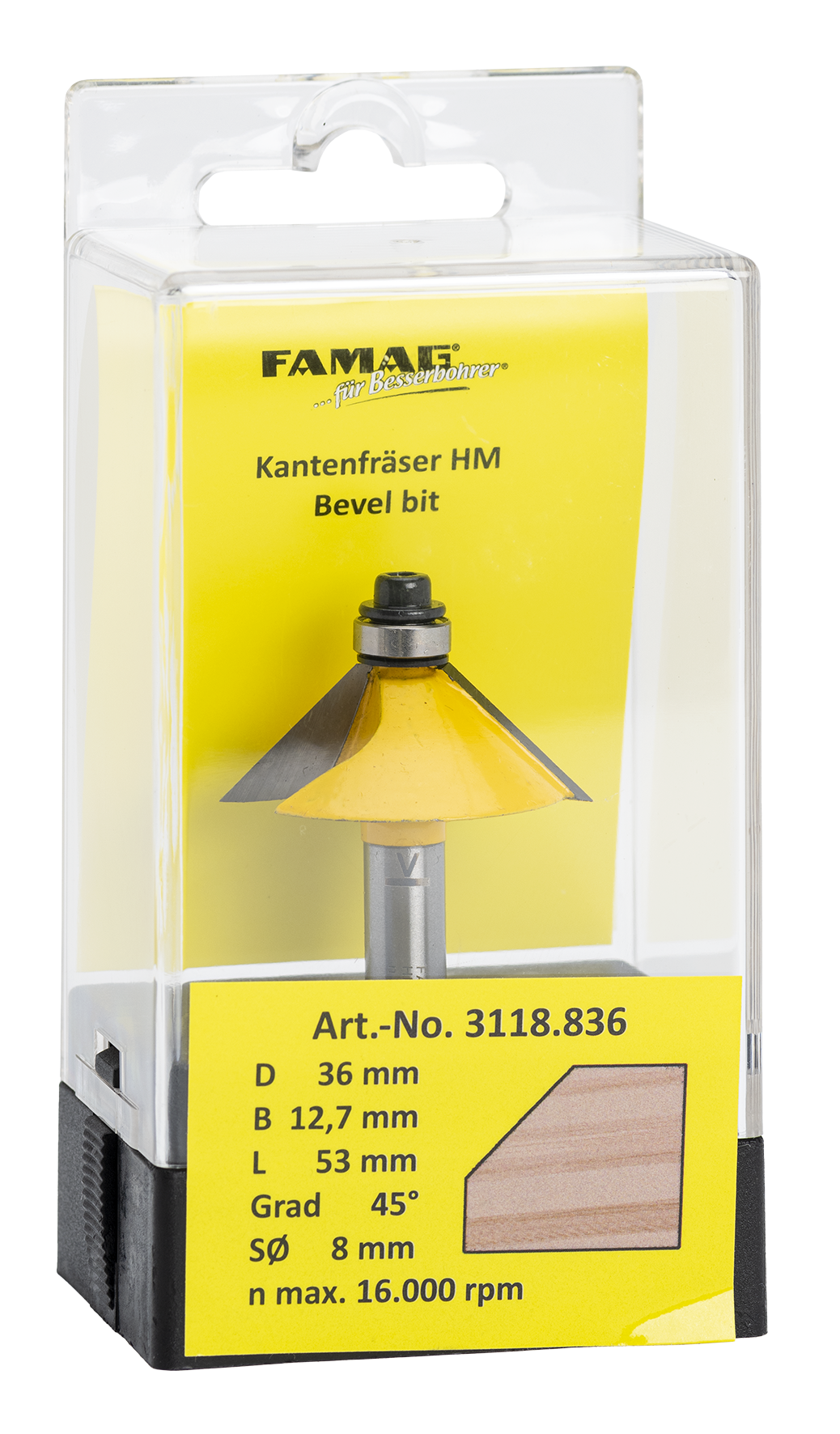 Fasefräser ø36 L12.7 S8 45°