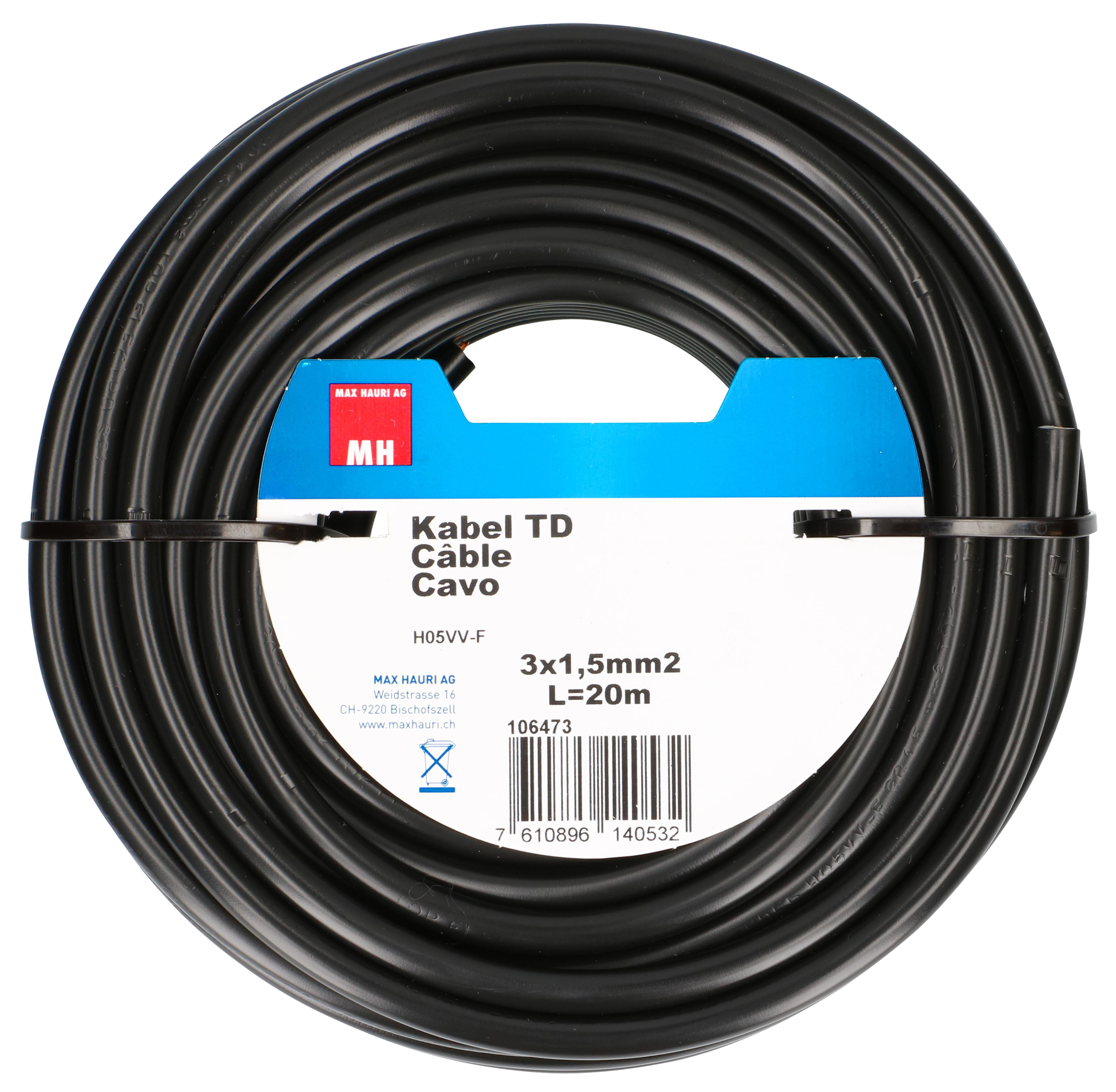 Kabel TD 3x1.5 mm² 20 m sw